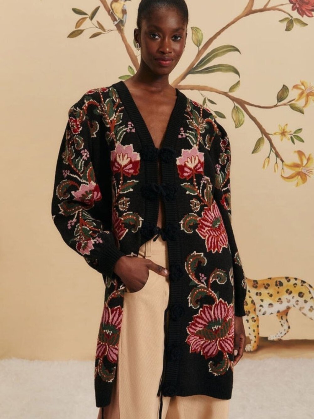 Sold FARM Rio Black Ravenala Knit Floral Midi Cardigan Puffed Sleeves Size XS - Picture 6 of 6